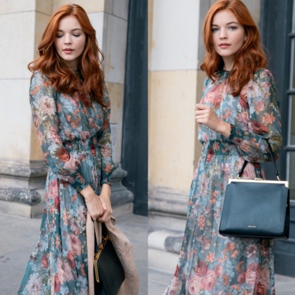 Zara Teal Floral Midi Dress with Pink Roses